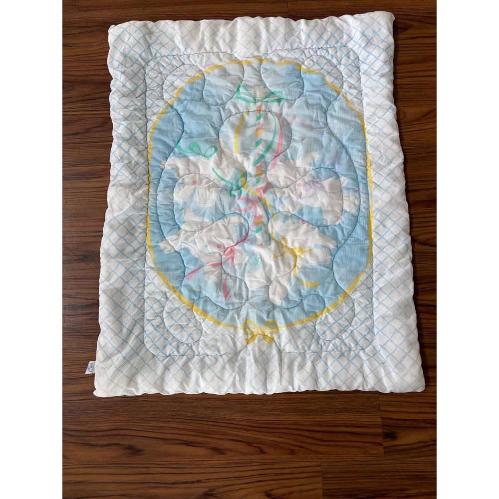 Vintage Baby Dreams Carousel Lamb Quilted Blanket Blue White Pastel Bibb Co USA